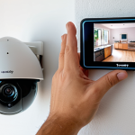 **Smart Home Security System Check**: Create an image of a person inspecting a smart home security system, which includes various sensors and a security camera. The scene should depict the individual checking the camera's lens for cleanliness and ensuring the internet connection is working properly, with a checklist in hand.