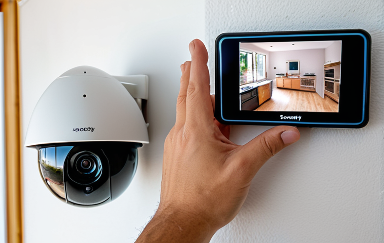 **Smart Home Security System Check**: Create an image of a person inspecting a smart home security system, which includes various sensors and a security camera. The scene should depict the individual checking the camera's lens for cleanliness and ensuring the internet connection is working properly, with a checklist in hand.